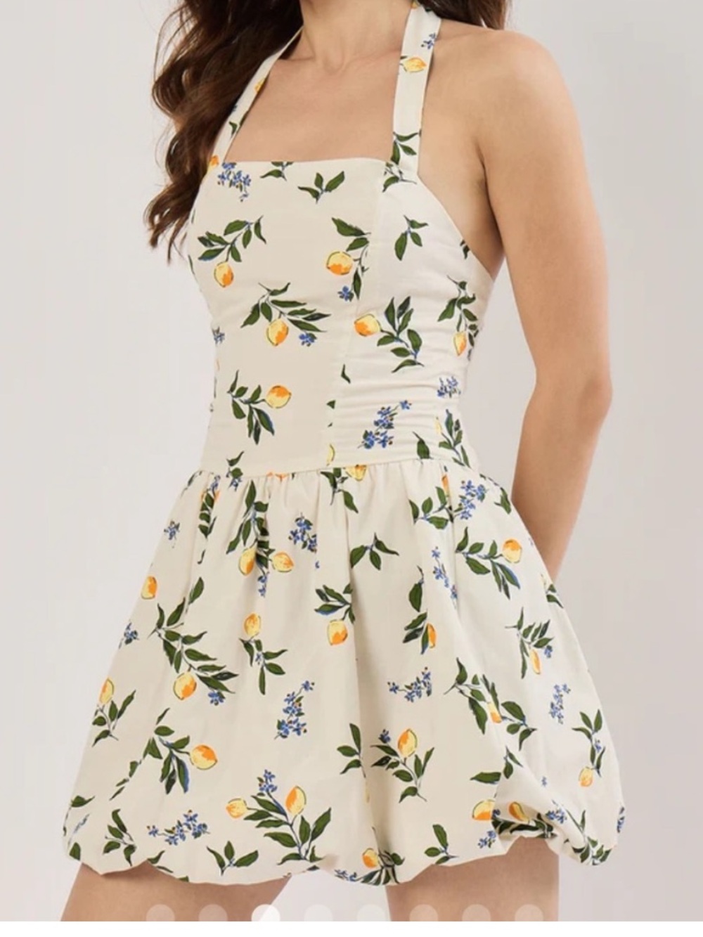 Halter Tie Bubble Skirt  White Lemon Print Dress